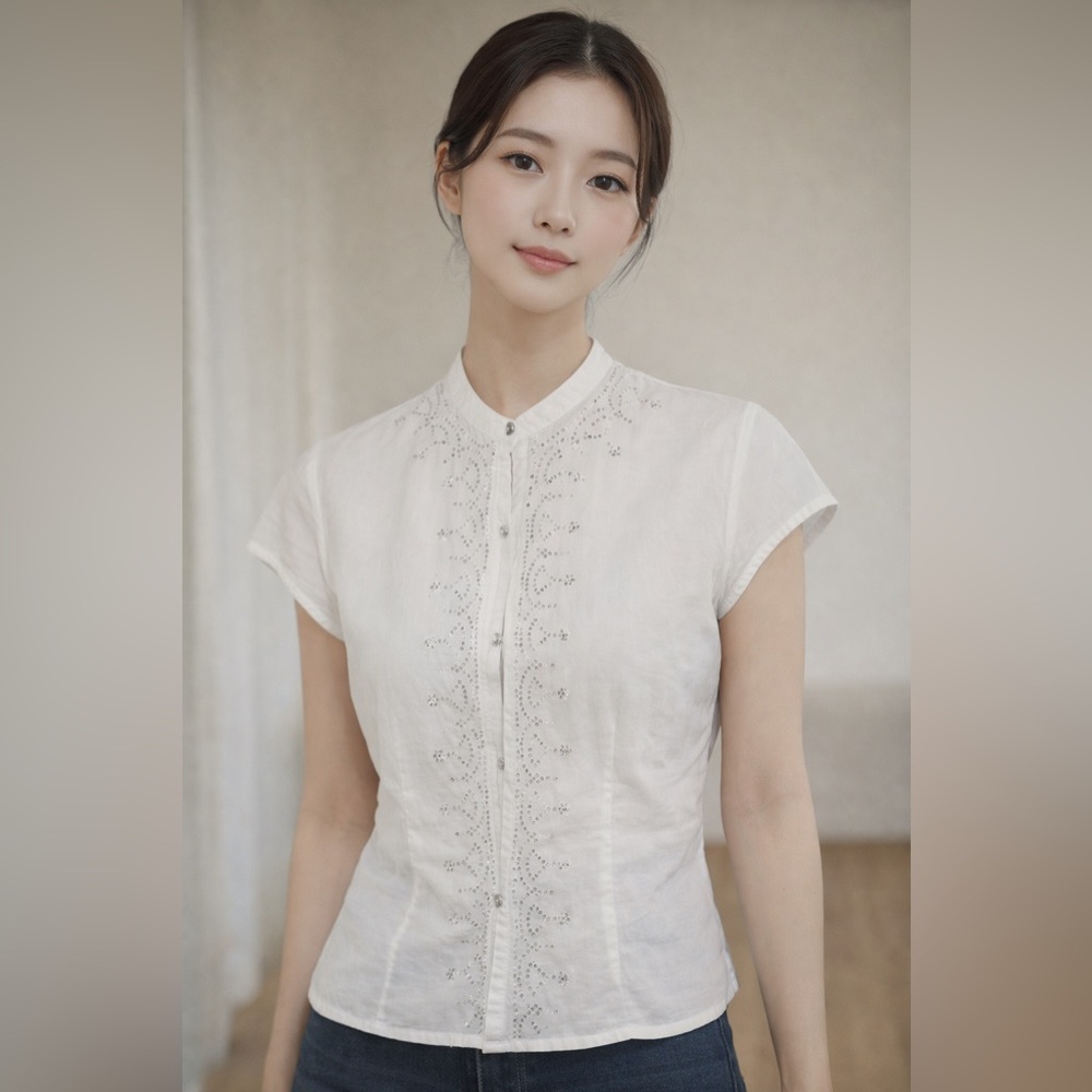 Kasper White Embellished Cotton Blouse Petite 6